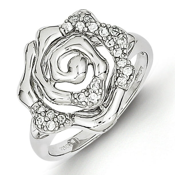 JewelryWeb - Sterling Silver Rhodium Plated Cubic Zirconia Rose Ring ...