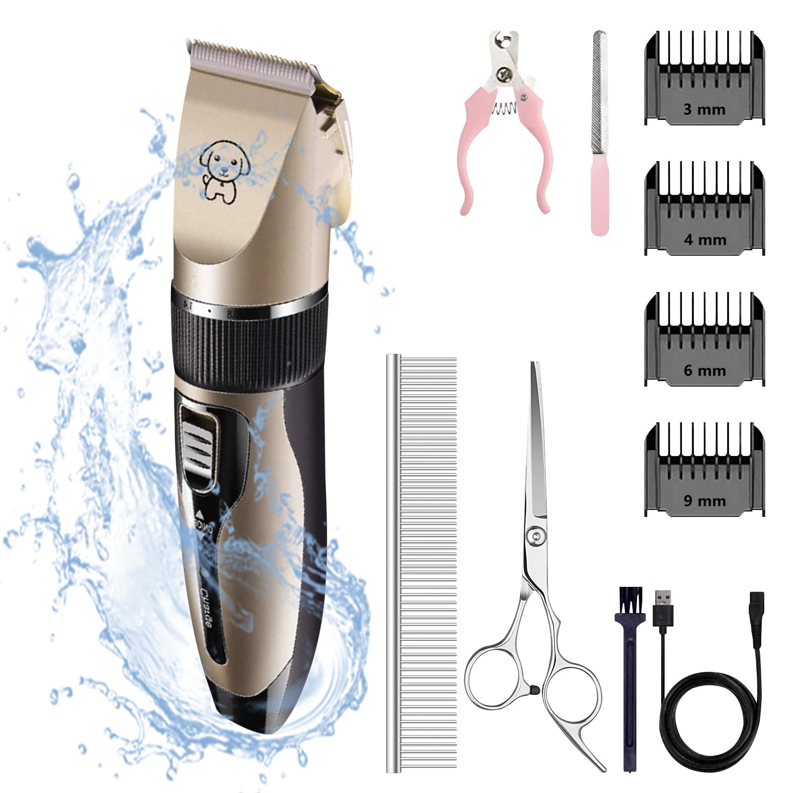 Somnr Electric Quiet Dog Hair Trimmer Set, Professional Rechargeable Cordless Cat Shaver and Low Noise Pet Grooming Kit Dog Hair Clippers Tool with Scissors Combs