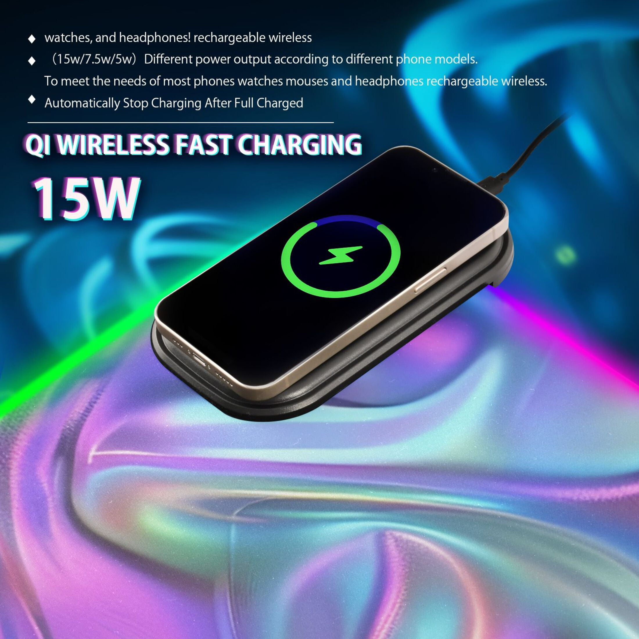 Wireless Charging Mouse Pad Large RGB Gaming Desk Mat 13 Light Modes Mousepad 31.5x11.8 Iridescent Liquid Marble