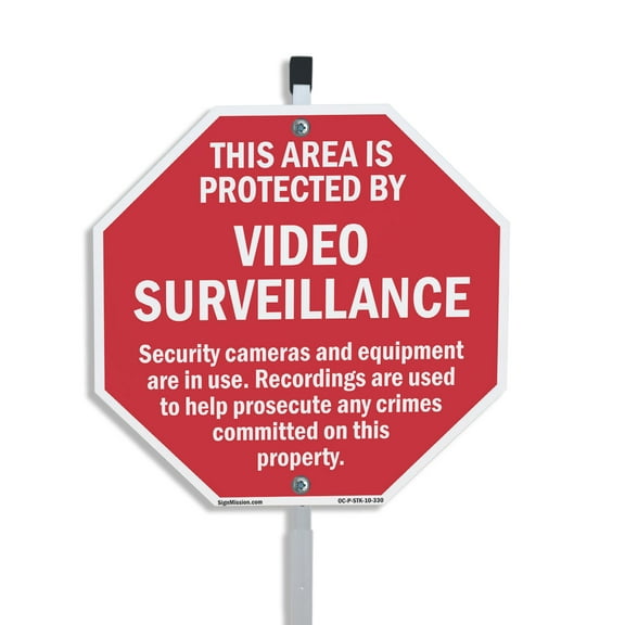 This Area Is Protected by Video Surveillance Security Cameras and Equipment Are in Use. Recordings Are 10 inch X 10 inch Octagon Aluminum Metal Signs with Aluminum Mounting Stake