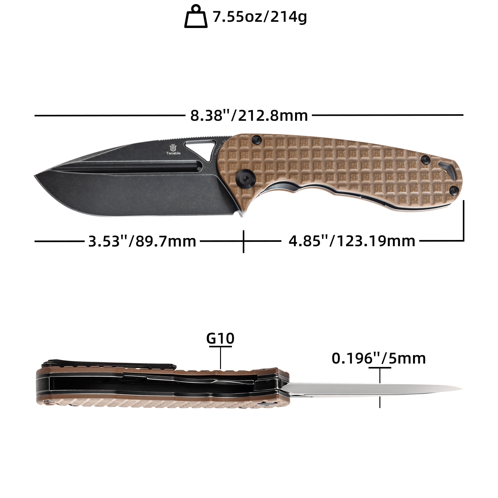 Tenable Bömbur Folding Pocket Knife 3.53'' Blackwash D2 Blade,Brown G10 with Frag Pattern Handle,T1054A2