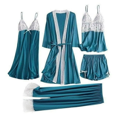 5Pcs Sexy Women Pajamas Sets Ladies Satin Lace Trousers Shorts Nightdress Robe Pajamas Lingerie