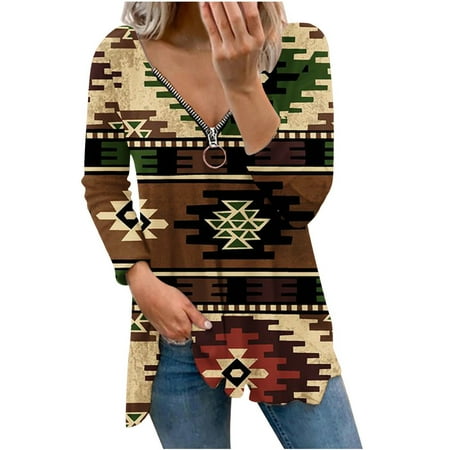 

Bospose Long Sleeve Shirt Women V-Neck Shirt For Women Corset Top Brown Top Fashion Woman Print Blouse Zipper Autumn Causal Pullover Tops Lady Zip Collar Famous Vintage Top Collar Top Shirt M