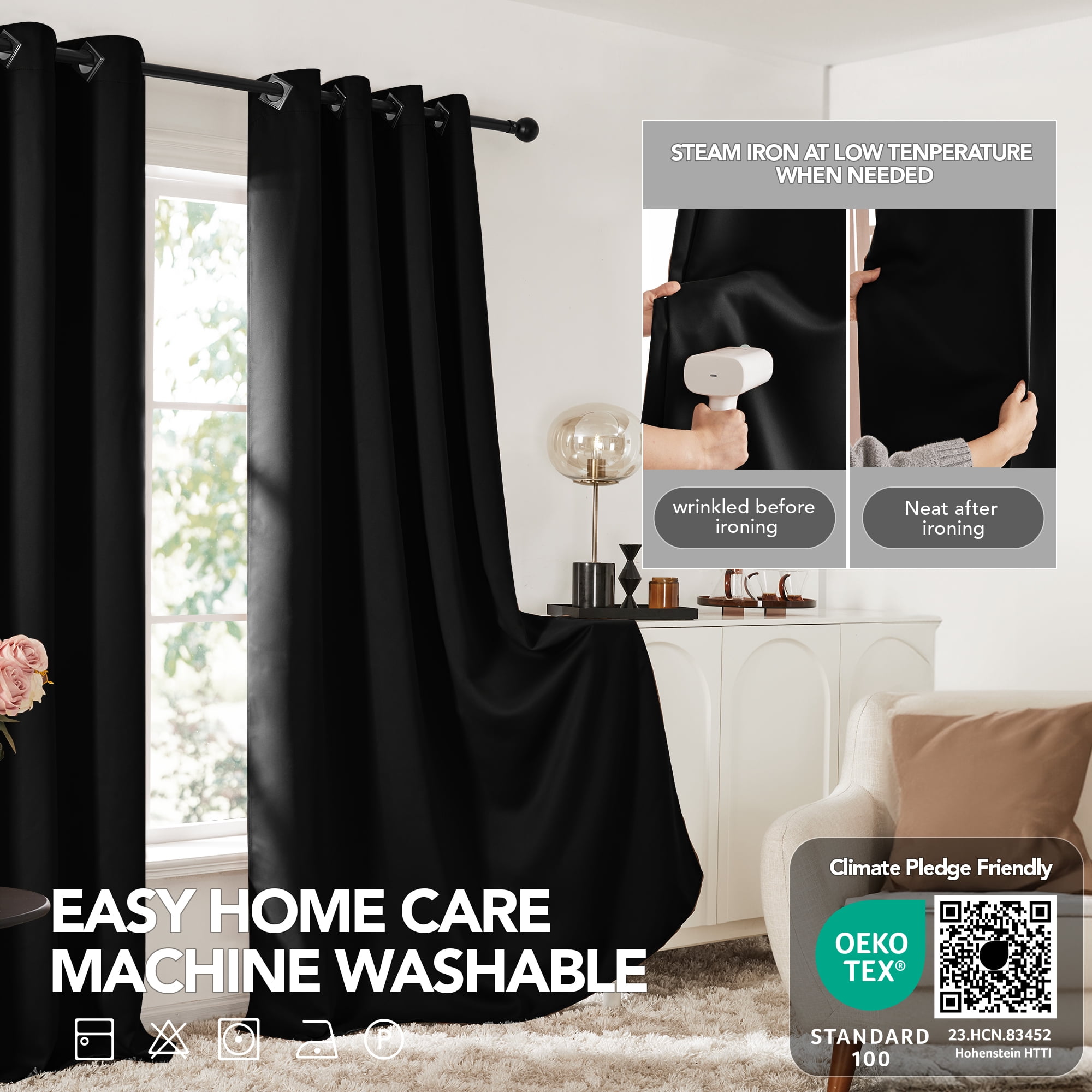 Deconovo Solid Grommet Room Darkening Blackout Curtains for Bedroom, Thermal Insulated, 52" x 63", Black, 2 Panels