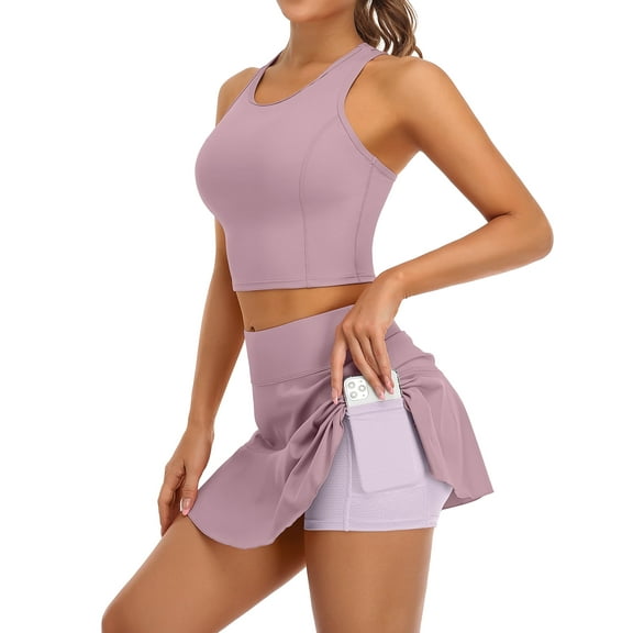 Womens 2 Piece Tennis Skirts Sets Athletic Dress with Bulit-in Shorts and Pockets