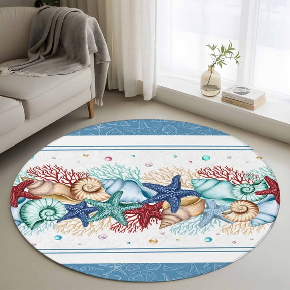 Round Area Rug 3 Ft, Green Starfish Summer Washable Non-Slip Circle Carpet for Living Room/Bedroom, Ocean Coral Conch Blue Shells Low-Profile Small Floor Mats Collection Rugs for Indoor