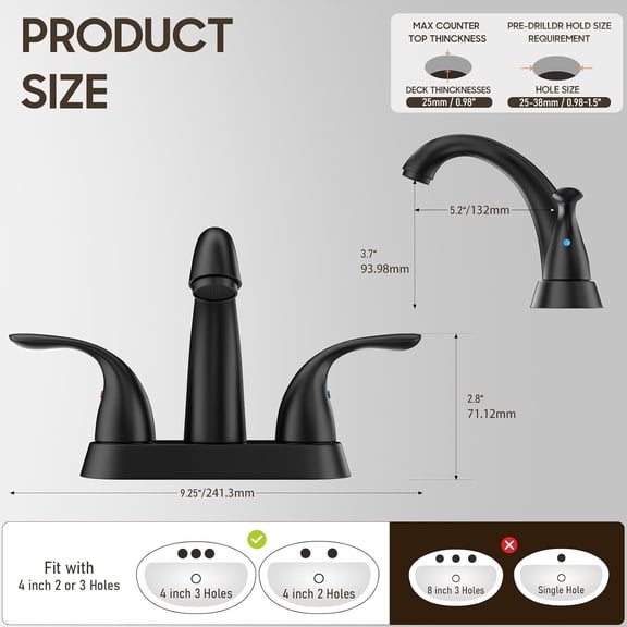 Phiestina 4 Inch 2 or 3 Holes 2 Handles Centerset Matte Black Lead-Free Bathroom Sink Faucet, Bathroom Faucet with Copper Pop Up Drain and Water Supply Lines, BF008-5-MB