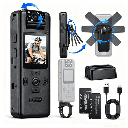 JETO 4K Mini Body Camera 48MP 1.5-Inch Screen WiFi 180&deg; Rotating Lens IR Night Vision Magnetic Detachable Battery POV Vlog Recorder Outdoor