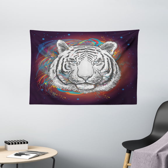 Animal Tapestry, Wildlife Theme Modern Image of a White Tiger Lion Head From Outer Space, Wall Hanging for Bedroom Living Room Dorm Decor, 60W X 40L Inches, Brown White and Black, by Ambesonne