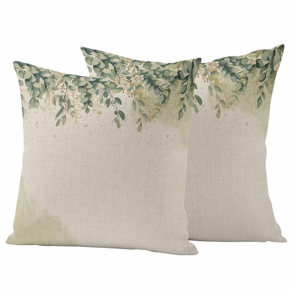 Pack of 2 Spring Eucalyptus Outdoor Pillow Covers Decorative, Waterproof Pillow Protector, Summer Botanical Leaves Beige Watercolor Throw Pillowcases Accent Cushion Cases for Patio Couch Sofa 18"x18"