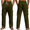 thumbnail image 2 of Men's Linen Four Seasons Thin Breathable Cargo Multi-pocket Pants, Loose Casual Wide Leg Trousers for Travel and Comfort,Army Green,L, 2 of 7