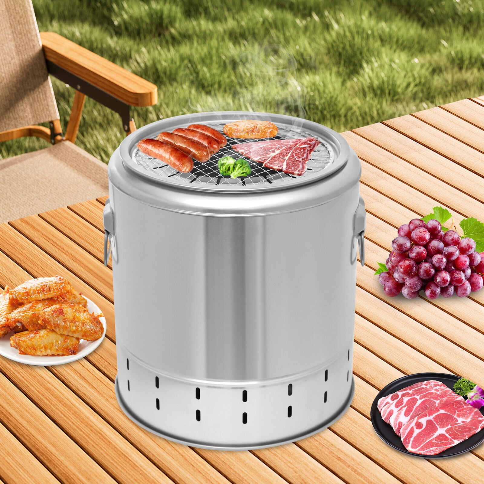 Miumaeov BBQ Cylindrical Bucket Charcoal Grill Portable Smokeless Barbecue Barrel Stainless