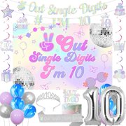 Iridescent 10th Birthday Decorations for Girls, Peace Out Single Digits I’m 10 Banner Backdrop Hanging Swirls Cake Topper Crown Sash Balloons for 10 Years Old Party Supplies