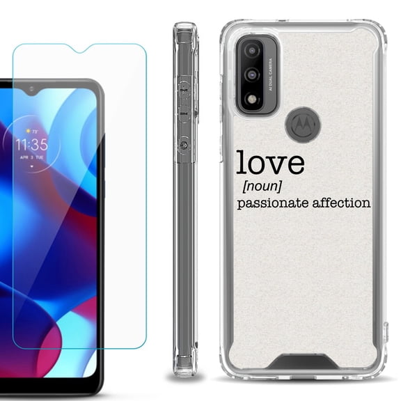 Shockproof Bumper Phone Case for Motorola Moto G Pure, with Tempered Glass Screen Protector, by OneToughShield ® - Dictionary/Love