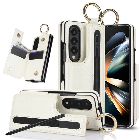PU Leather Wallet Case For Samsung Galaxy Z Fold 3,With Finger Ring Holder,Card Slots,Back Magnetic Clasp Flip Kickstand,S-pen Slots,Heavy Duty Shockproof Rugged Phone Case,White