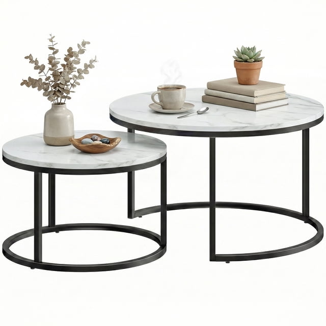 HOMCOM Nesting Tables, 31" Round Coffee Table Set of 2, Marble White