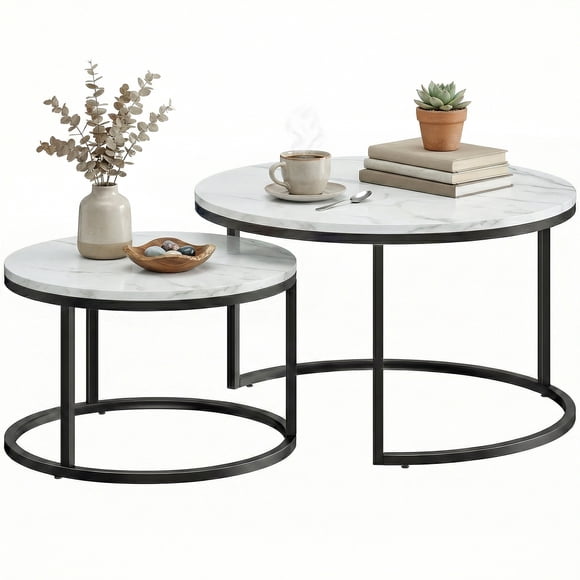 HOMCOM Nesting Tables, 31" Round Coffee Table Set of 2, Marble White