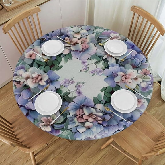 JRXY Watercolor Purple Hydrangea Round Tablecloth Spring Summer Lilac Table Cloth Floral Lavender Flower Circle Stain Resistant Table Cover for Kitchen Dining Party Weddings Outdoor Decor White