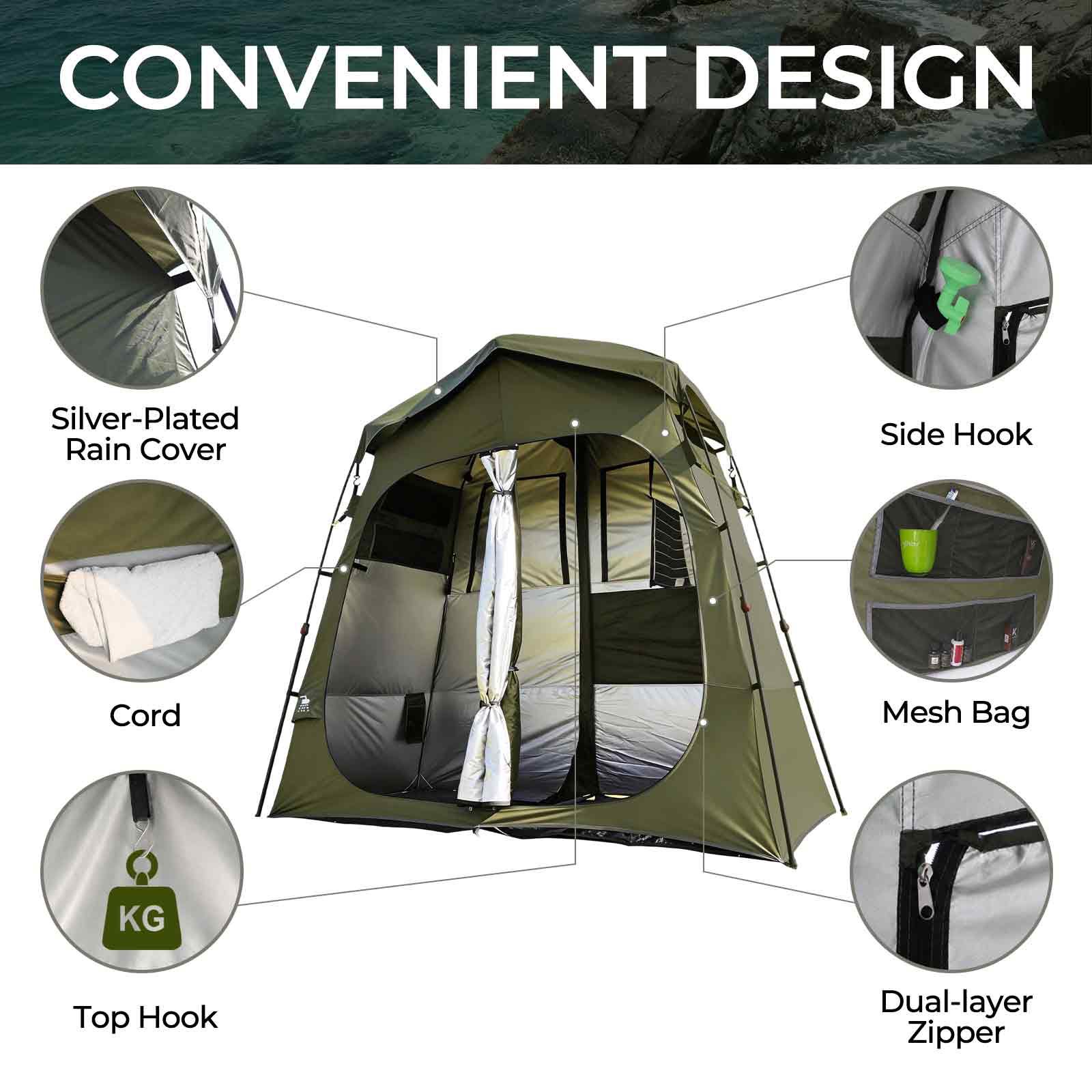 Carpa de ducha para acampar QUIETLEMON de 7.5 pies, carpa portátil de privacidad de 2 habitaciones con bolsa de ducha, baño y vestidor para exteriores, refugio instantáneo de apertura rápida para playa, campamento y senderismo 5