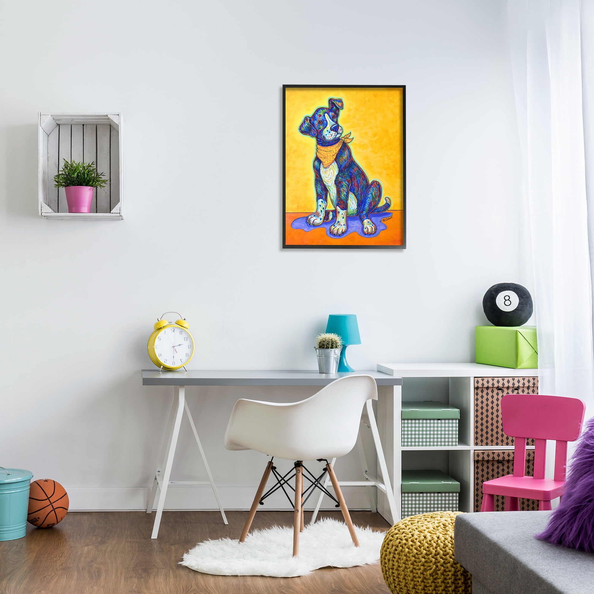 Stupell Industries Blue & Yellow Abstract Dog Animals & Insects Painting Black Framed Art Print Wall Art, 24 x 30