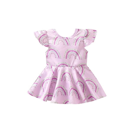 

TheFound Summer Infant Baby Girls Lovely Dress Ruffles Fly Sleeve Sequined Rainbow Printed A-Line Mini Dress