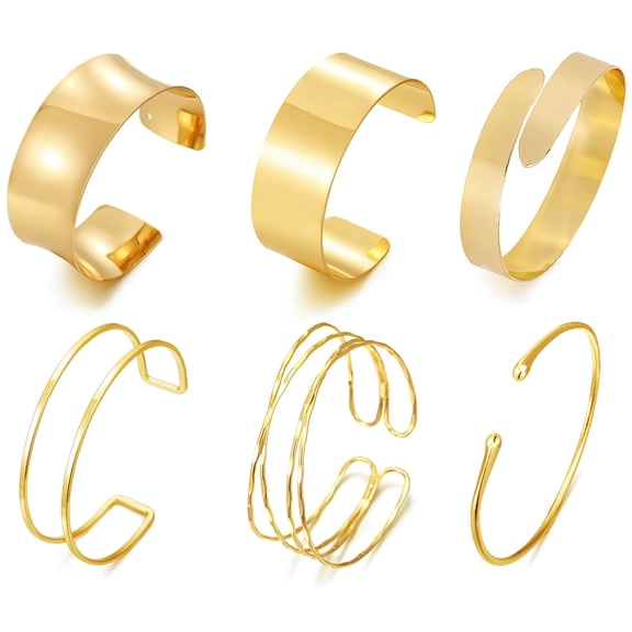 2 Pcs Bangle & 4 Pcs Arm Cuffs Set, Gold Tone Titanium Steel, Adjustable, 6 Unique Designs, Perfect for Layering, Elegant Arm Jewelry for Women