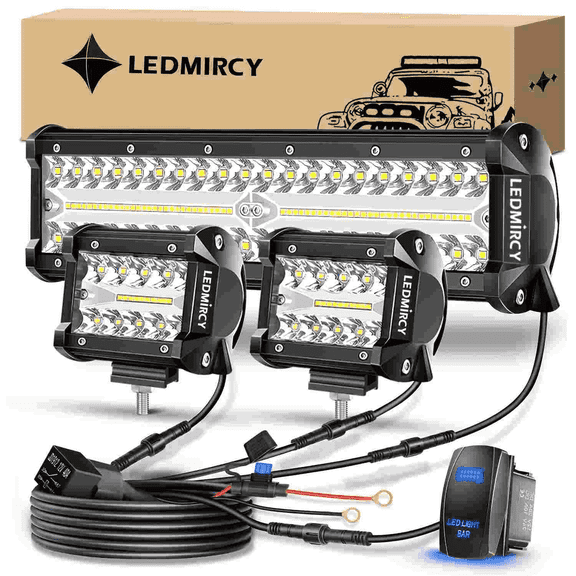 LEDMIRCY 12inch LED Light Bar and 4 Inch LED Pods 2PCS Kit with 3 Leads Wiring Harness Rocker Switch Triple Row Off Road Light Bar Spot Flood Combo Work Light for Pickup UTV Truck Tractor Boat