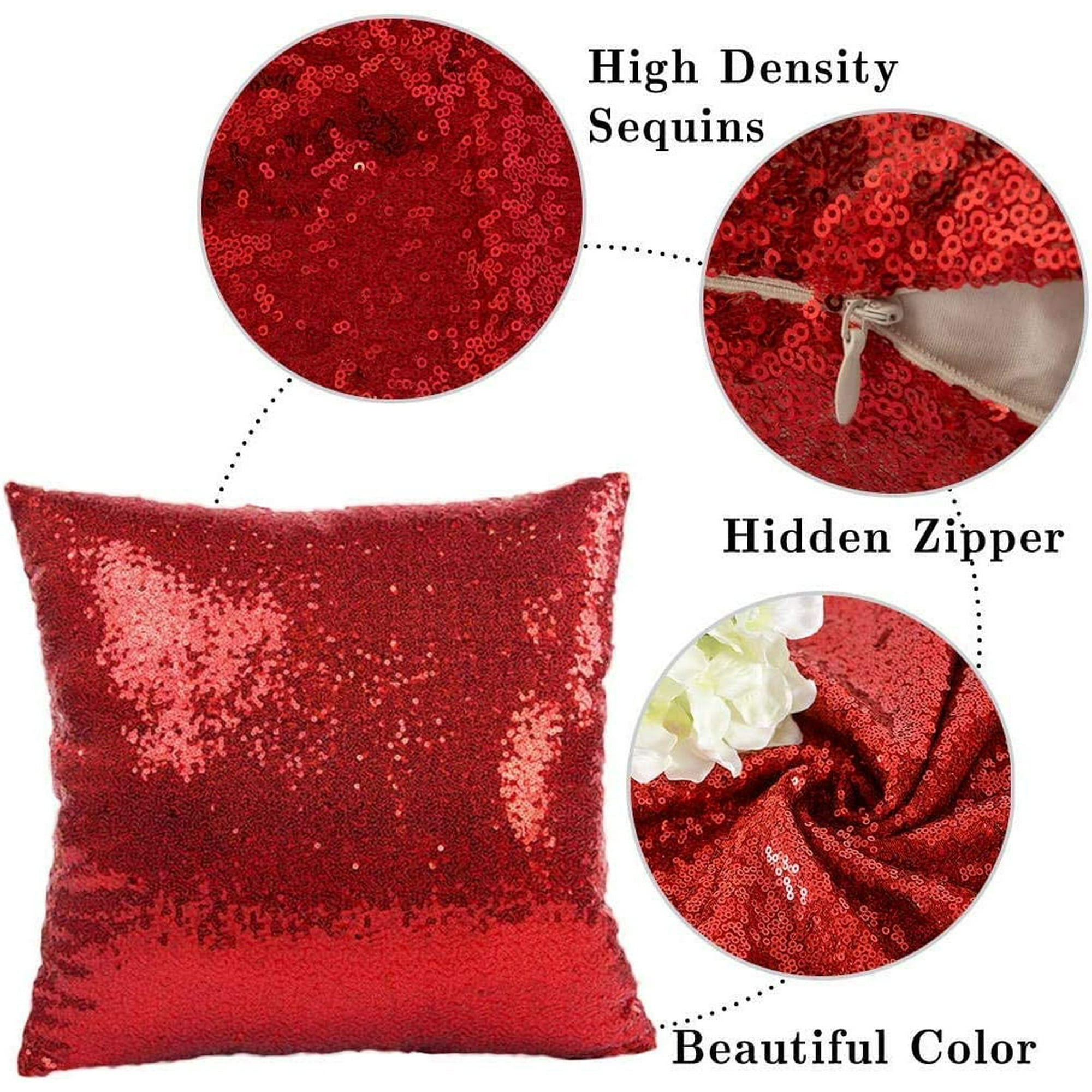 2 Pack Sparkling Throw Pillow Sequin Cover Solid Cushion Cover Glitter Pillow Case with Sequins Green Color for Christmas Decorations 16inx16in Red