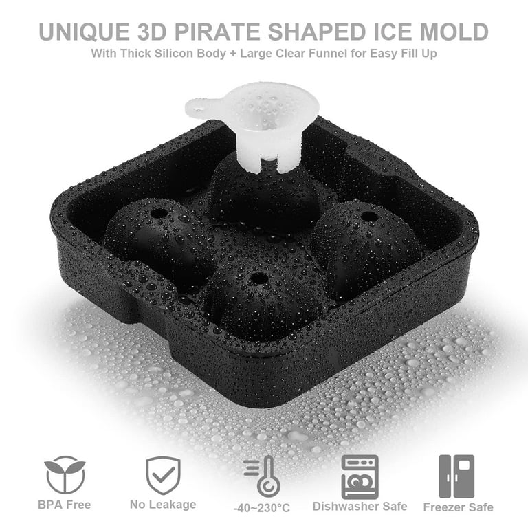 2 Pcs 3D Pirate Skull Ice Cube Mold Tray, 2.2 Thick Silicone Fun Shapes  Whiskey Ice Mold With Funnel for Cocktails,bourbon,brandy, Whiskey 