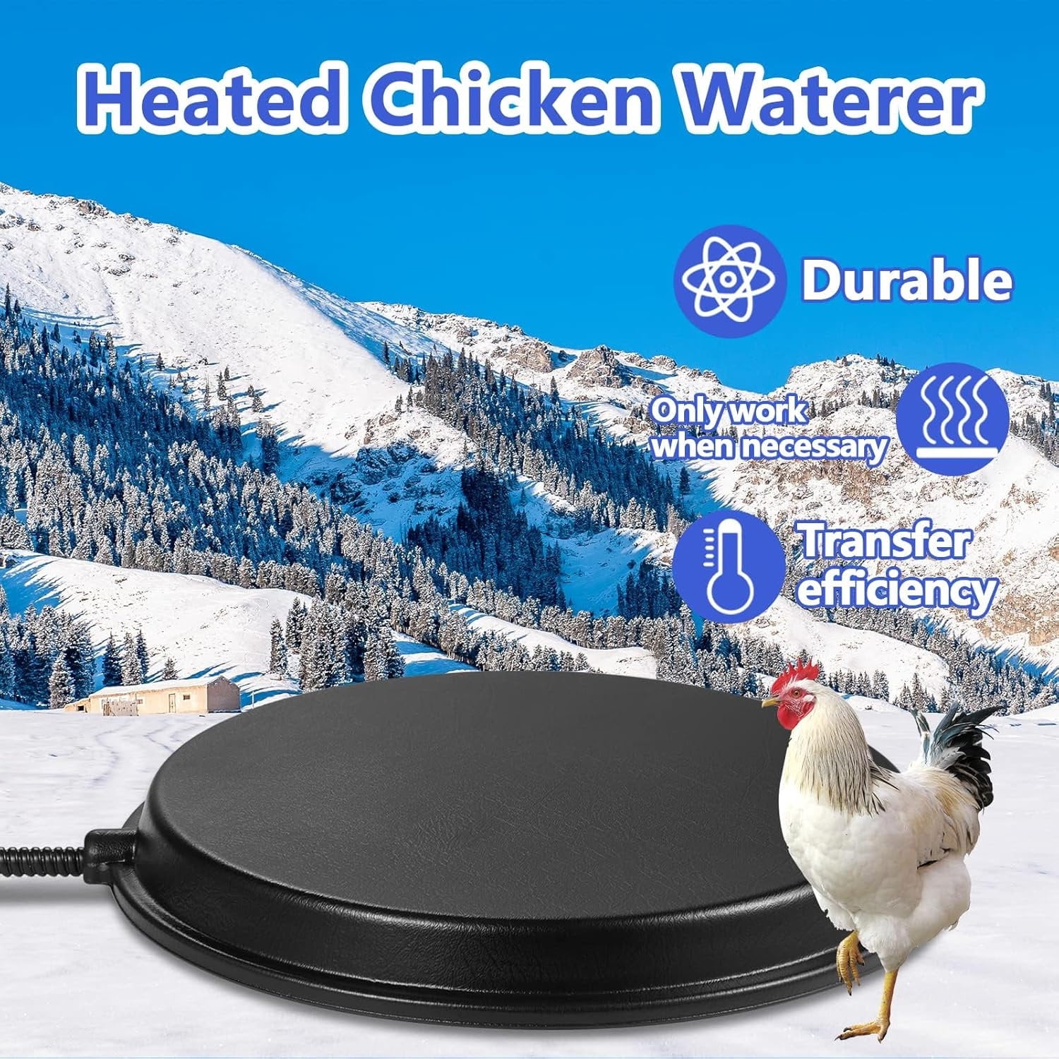 Heated Chicken Waterer with Thermostat - 80W Rapid Heating, Poultry Fountain, Continuous Cold Water Supply for Winter, Black, 120V Plug, No Battery Needed, Poultry Water Heater, Durable Construction