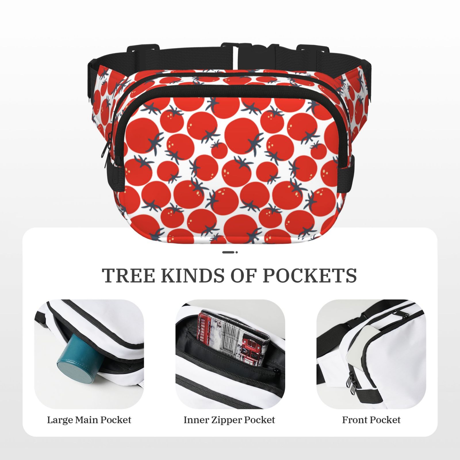 Picia Hand Drawn Tomatoes Print Square Double-Layer Waist Bag Mini Adjustable Waist Belt Bag Exercise Running Travel Hiking