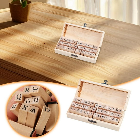 42-Piece Wooden Alphabet Stamp Set with Vintage Storage Box Uppercase Letters and Numbers