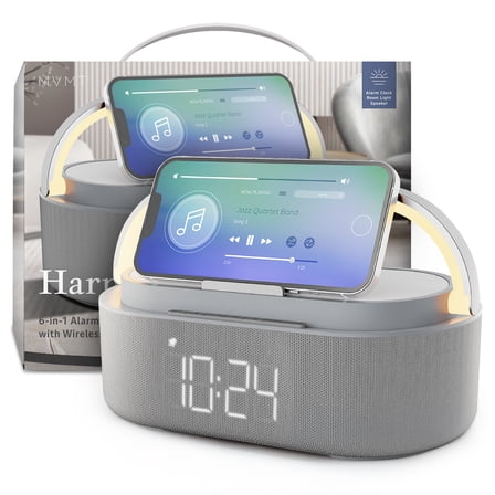 MVMT Harmonic 6-in-1 Portable Bluetooth Speaker with 15W Wireless Charging, Ambient Light, Alarm Clock, FM Radio & Phone Holder