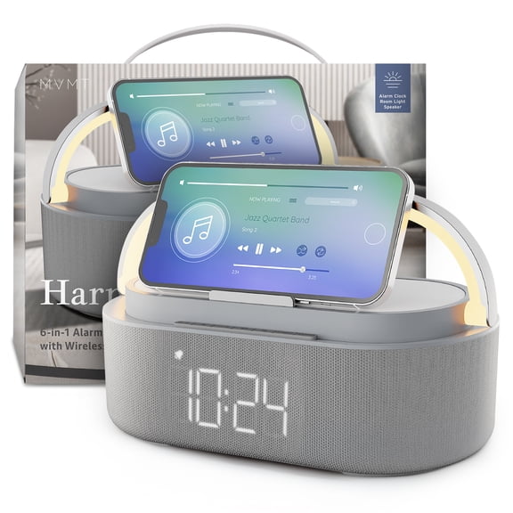 MVMT Harmonic 6-in-1 Portable Bluetooth Speaker with 15W Wireless Charging, Ambient Light, Alarm Clock, FM Radio & Phone Holder
