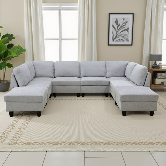 MAYEERTY 118" Flannel 8-Piece Soft Skin Free Splicing Living Room Sofa Set,Gray