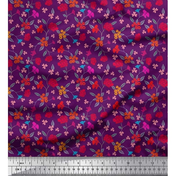 Soimoi Poly Georgette Fabric Berries,Leaves & Floral Artistic Print Fabric by The Yard 42 Inch Wide