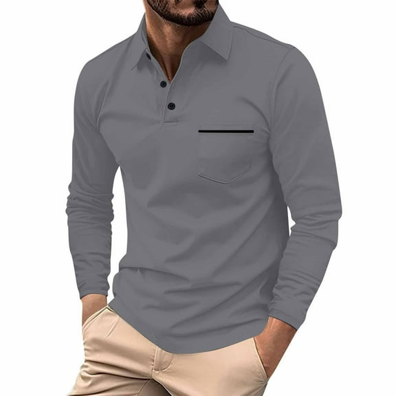 Godokuleh Mens Fashion Polo Shirts Cotton Classic Long Sleeve Thermal Button Shirt with Pocket Dark Gray L