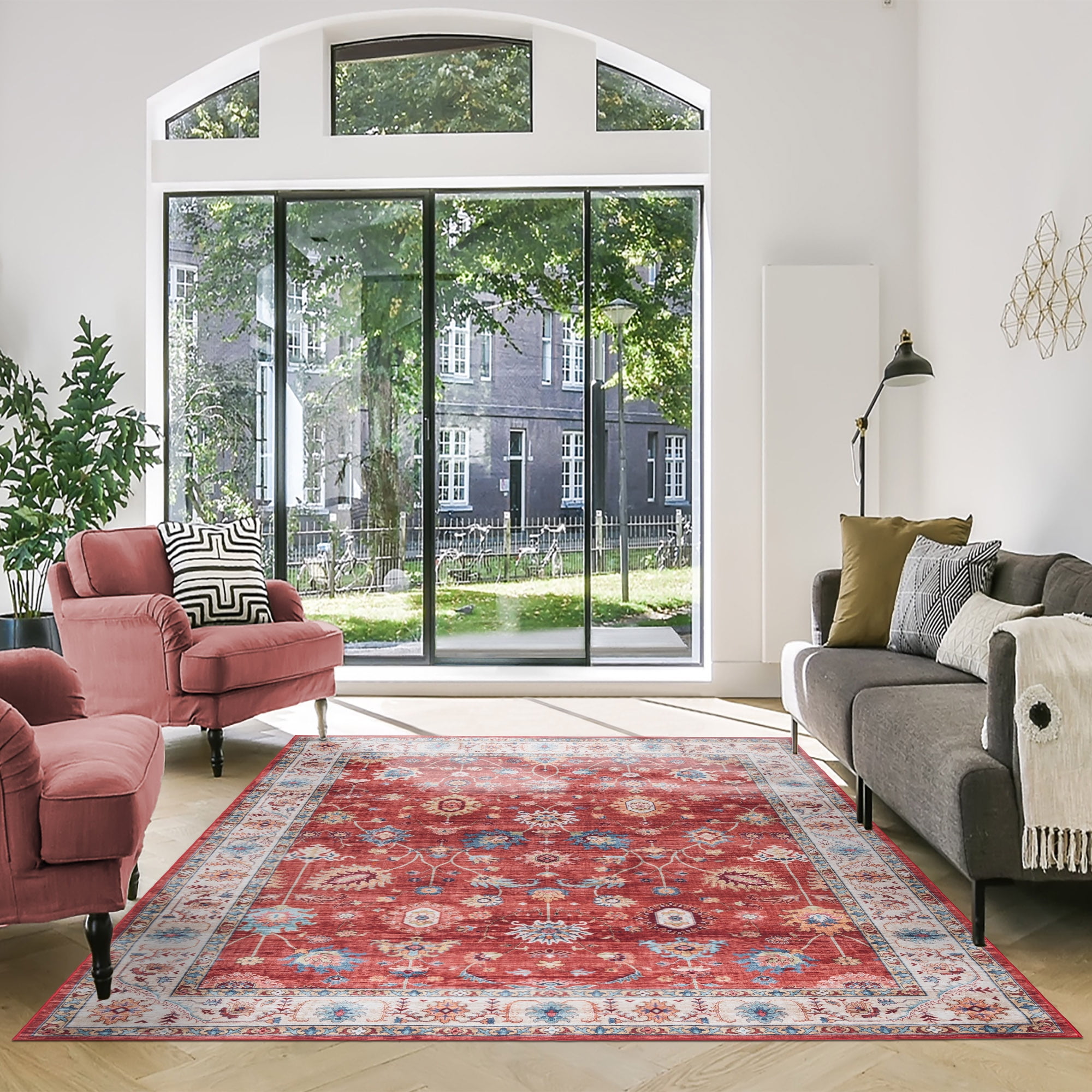 Crystal Print Cullen Traditional Oriental Red Washable Indoor Area Rug, 5x7