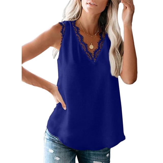 Camiseta sin mangas con ribete de encaje, color puro, cuello en V, sin mangas, elegante, holgado, informal, chaleco para citas, azul oscuro XXL
