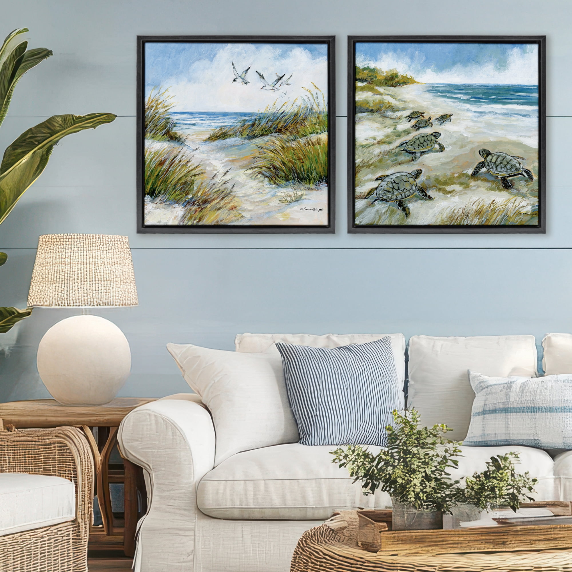 Stupell Industries Beach Creatures on Dunes 2 Piece Black Framed Floater Canvas Set, design by Susan Winget