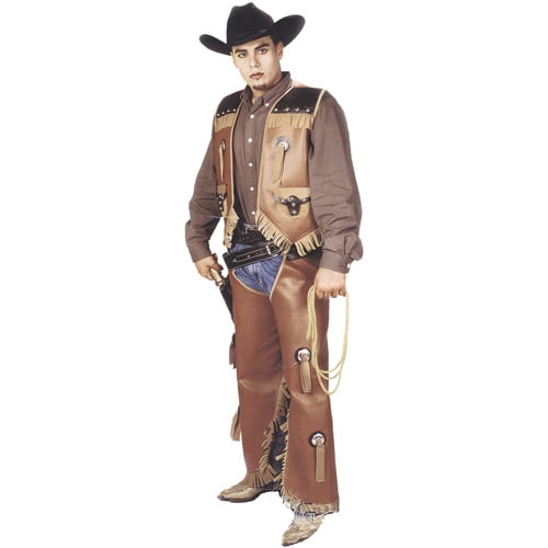 Western Faux Leather Chaps & Vest Cowboy Costume Outfit Adult Men Brown Pleather 