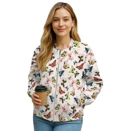 DISNIMO Butterfly Printed Jackets for Women Long Sleeve Outwear Zip Up Sweatshirts Fashion Outerwear Jacket 3XL