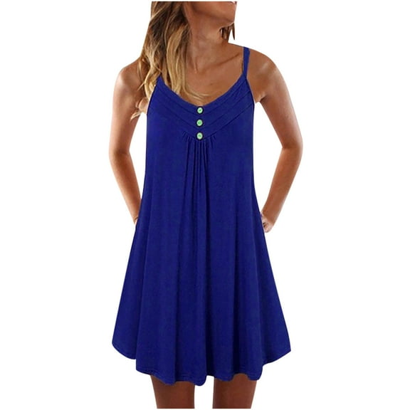 IROINNID Shift Dress For Women Ladies Mid-Waist Loose Button Solid Color Sleeveless Suspender Dress V-Neck Short Dress