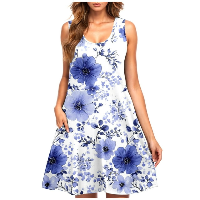 Vestido Casual de las Mujeres sin Mangas en Gradiente Cuello de Tripulación, Vestido Ligero de Primavera Y Verano de Poliéster