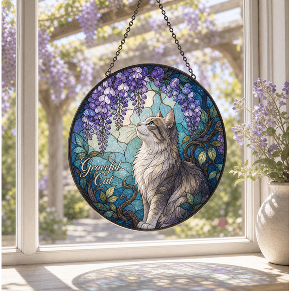 Graceful Cat Stained Glass Suncatcher with Wisteria, Window Hanging Gift for Cat Lovers