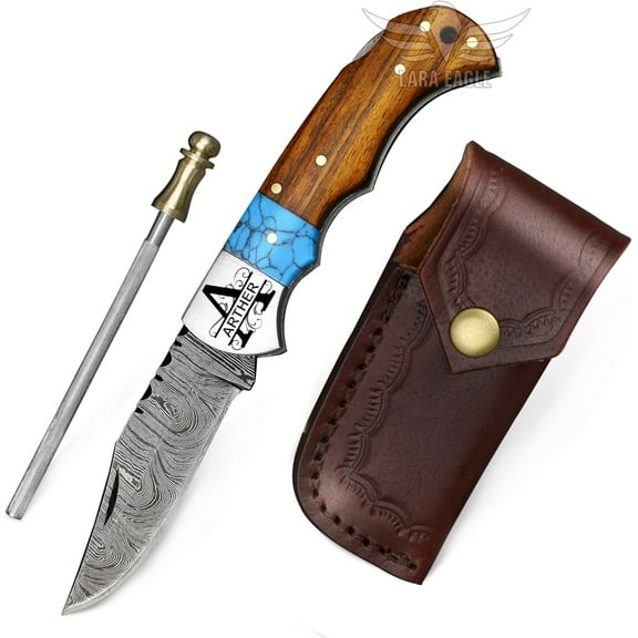 Damascus pocket knife, Camping knife with Sharpener and Leather Pouch, Solid blade for hunting, fishing, outdoor activities, Father’s Day Gifts for Men (Personalized Turquoise & Rosewood)