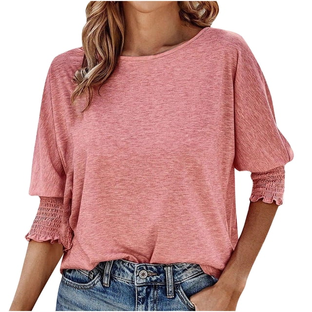 Tops pour Femmes Décontractés Été Manches Courtes Léger Couleur Unie Tendance T-Shirts Courts Dames Col Rond Blouses (Petit, Rose)