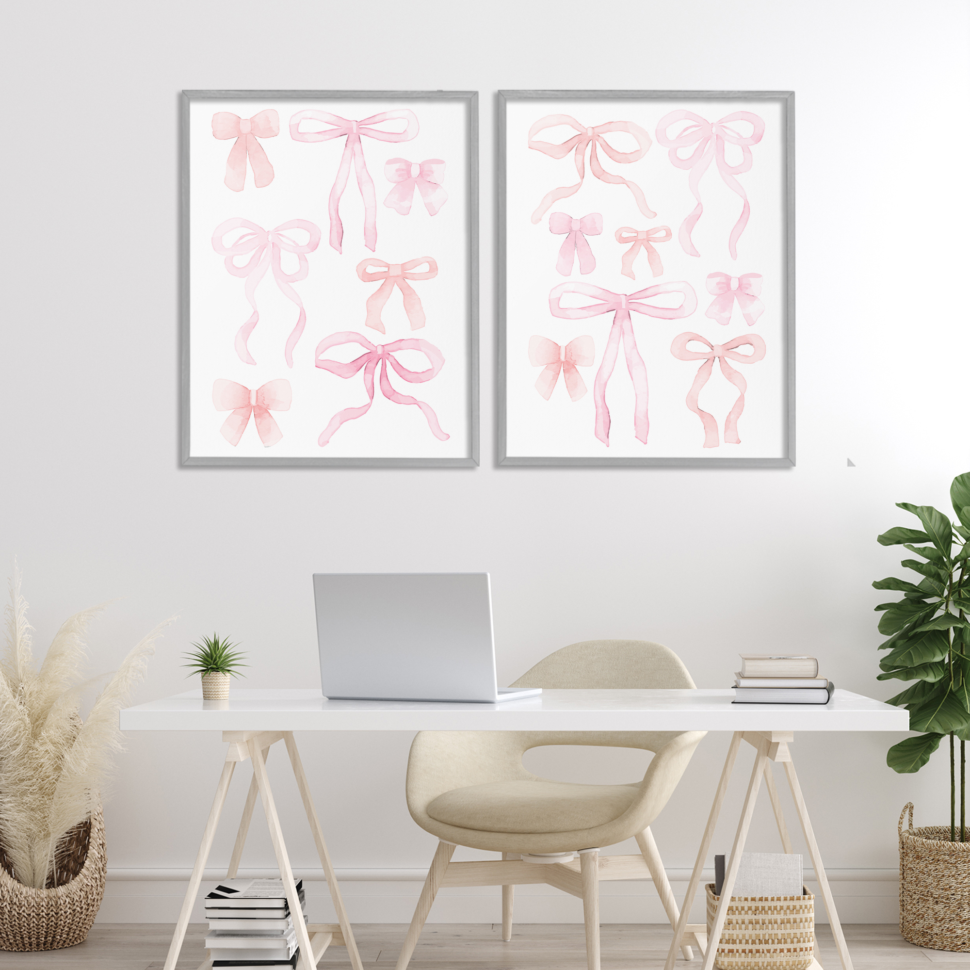Elegant & Soft Bows 2 Piece Gray Framed Giclee Art Set, design by Kim Allen