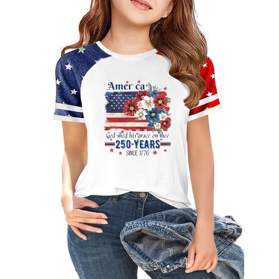 CCRFTGI American Flag Shirts for Kids Girls Boys Size 7 Patriotic 4th Of July Cute Tops 250th Anniversary Flag Outfits July 4th Celebration Summer Shirts 1776 T-Shirts Dark Blue 11-12 Years