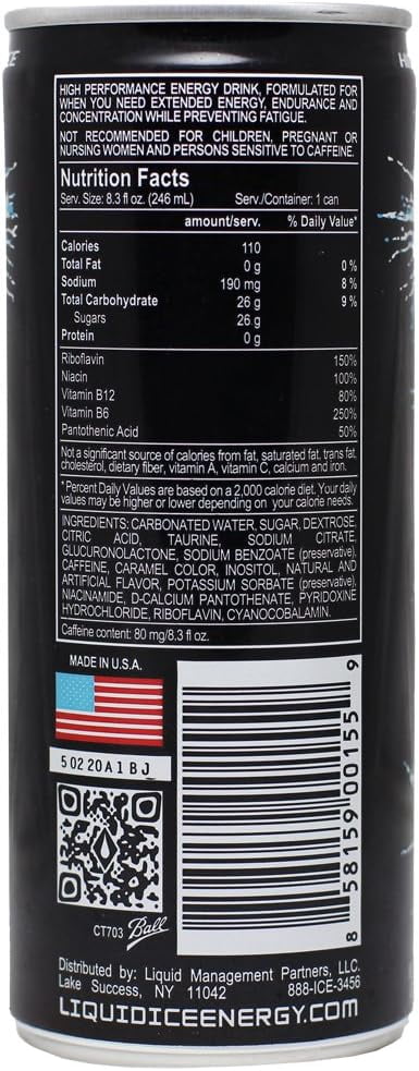 Liquid Ice Energy Drink, Supreme Classic, with 80mg Caffeine plus Taurine & B-Vitamins, Real Sugar, 8.4 Fl Oz, Pack of 24 Cans